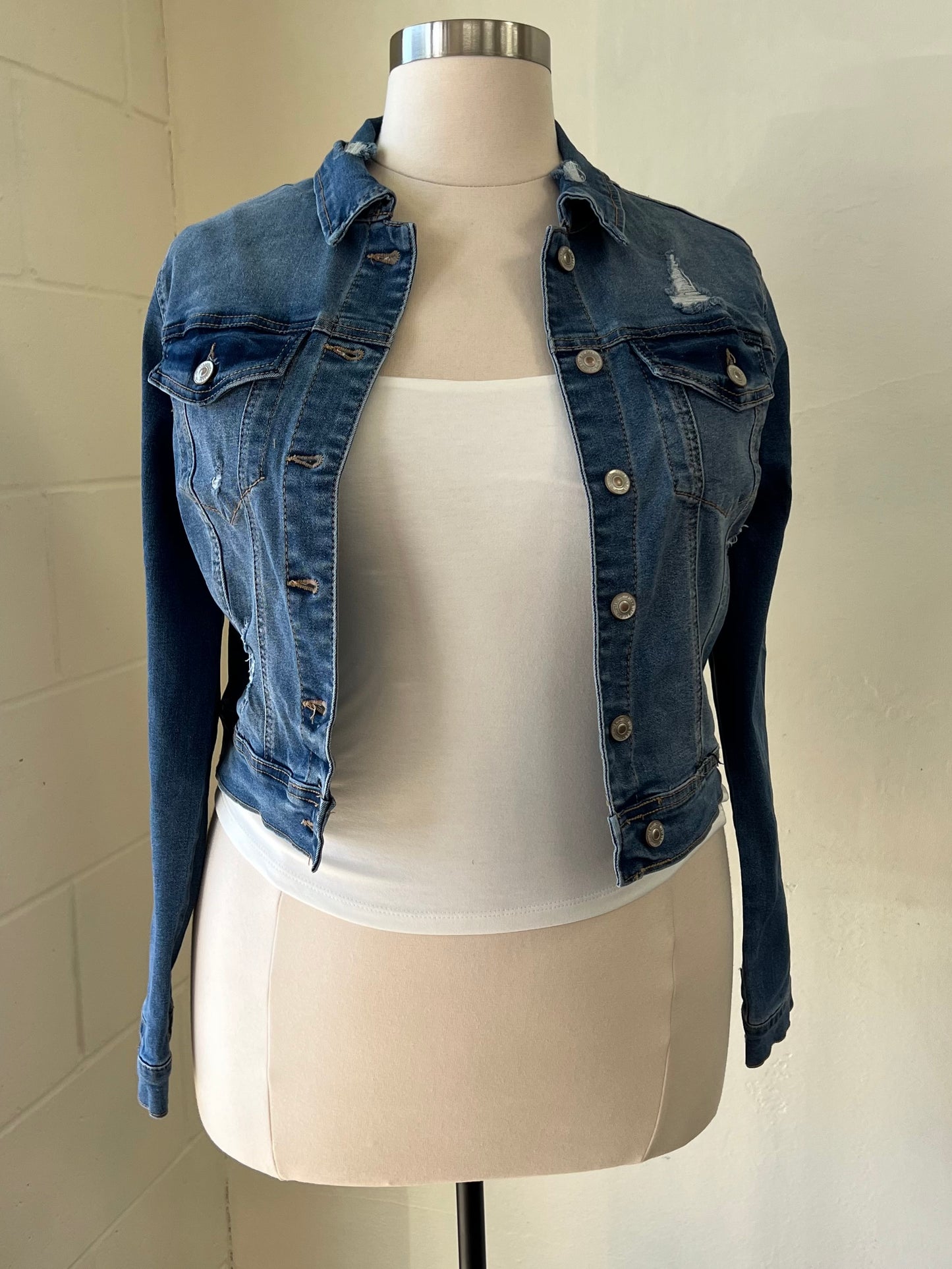 Cropped Distressed Denim Jacket