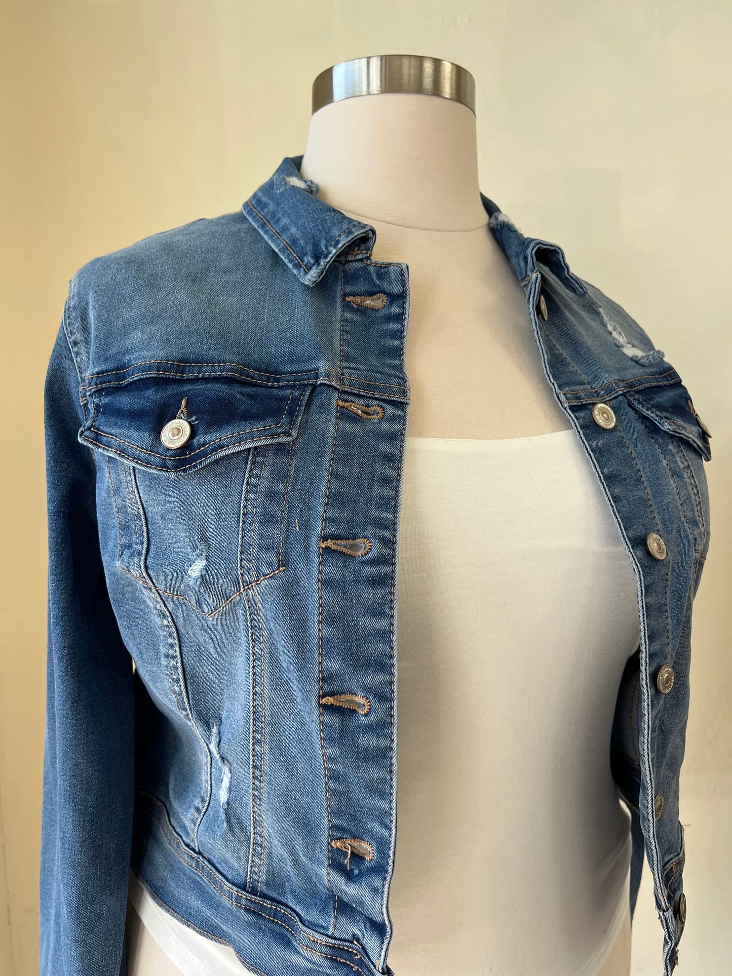 Cropped Distressed Denim Jacket